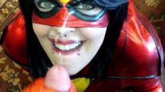 Spiderwoman Gives A Sticky Blow-Job In The Office And Receives A Web Facial